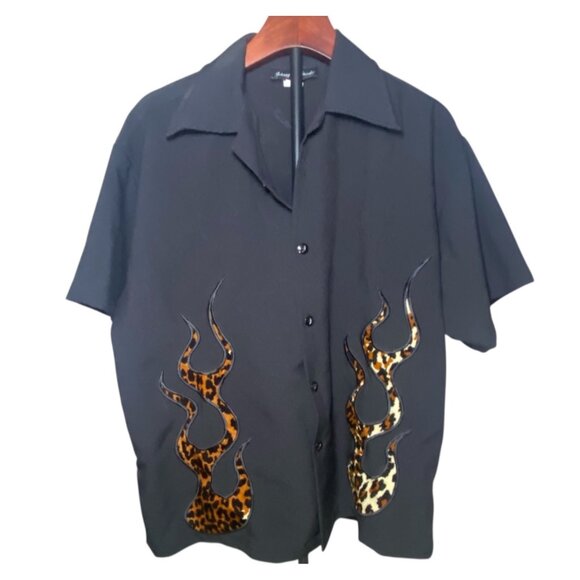 Johnny Suede Leopard Flame Button-Up Shirt Rockabilly Vegas Cars Mens L USA-Made - Picture 1 of 6